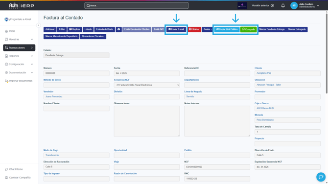 Opciones para compartir una factura de venta al contado en Adm Cloud.
