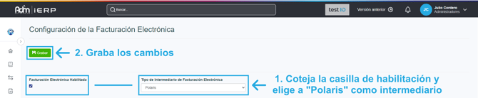 Pantalla de Adm Cloud desde la que se habilita la facturación electrónica y se indica el tipo de intermediario
