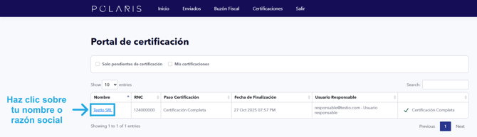 Pantalla de certificaciones en Polaris