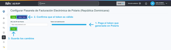 Pantalla de Adm Cloud en la que se configura el token del intermediario de facturación electrónica