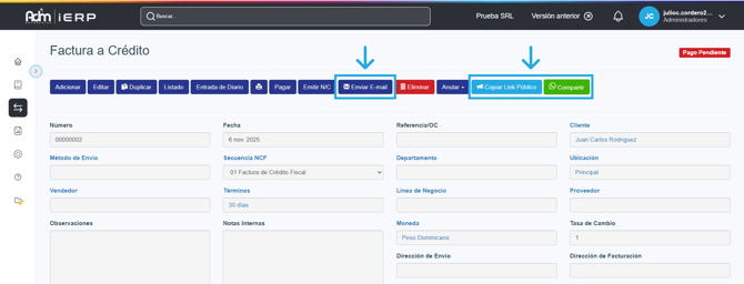 Opciones para compartir desde la consulta de una factura a crédito
