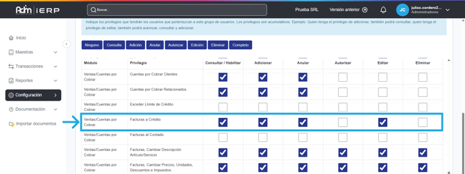 Permisos requeridos para gestionar facturas a crédito en Adm Cloud
