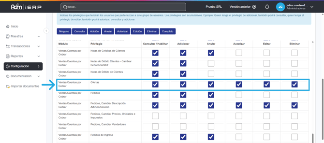 Permisos requeridos para usar ofertas en Adm Cloud