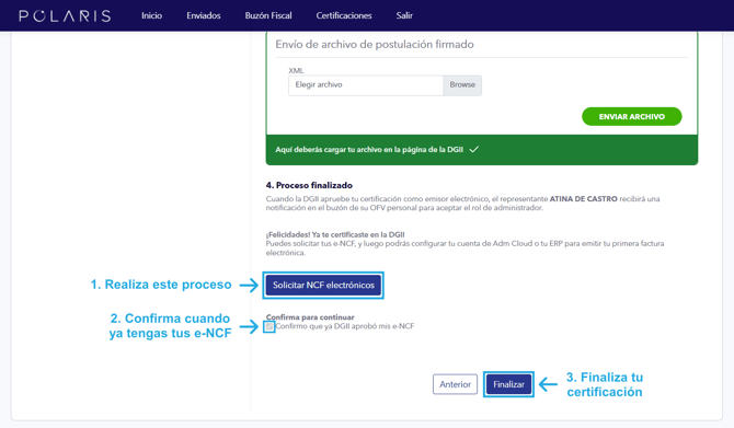 Sección del paso 8 de Polaris desde la que se puede acceder a la delegación de roles, solicitar los NCF electrónicos y finalizar el proceso de certificación