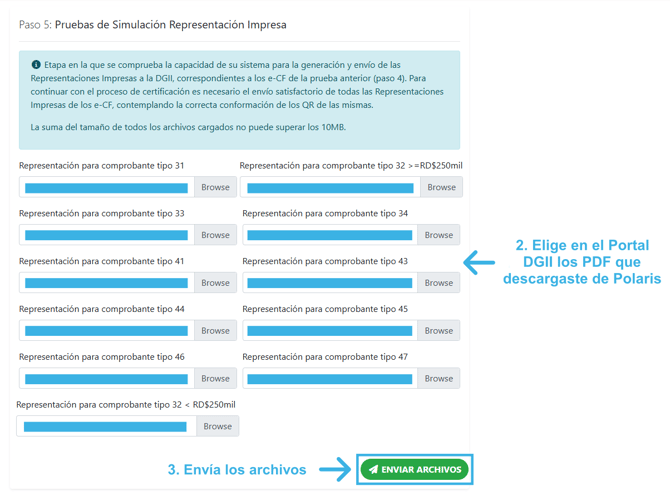 Pantalla del paso 5 en el Portal DGII en la que se cargan los PDF descargados en el paso 5 de Polaris