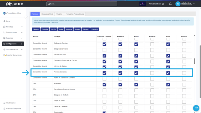 Permisos requeridos para usar los períodos contables en Adm Cloud.