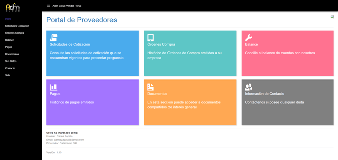 Pantalla de inicio del portal de proveedores de Adm Cloud.