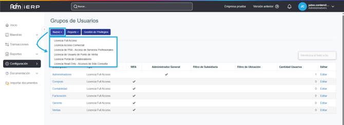 Presentación de los tipos de usuario disponibles en Adm Cloud.