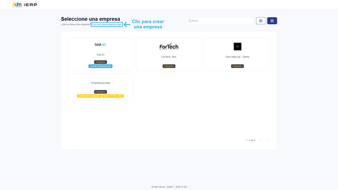 Opción para crear una nueva empresa en Adm Cloud.