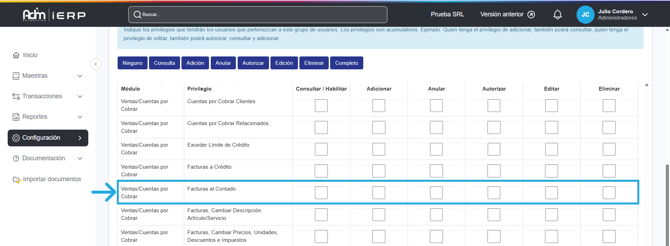 Permisos requeridos para gestionar facturas al contado en Adm Cloud.