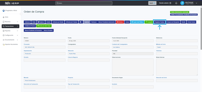 Opción para registrar factura desde la pantalla de consulta de una orden de compra.