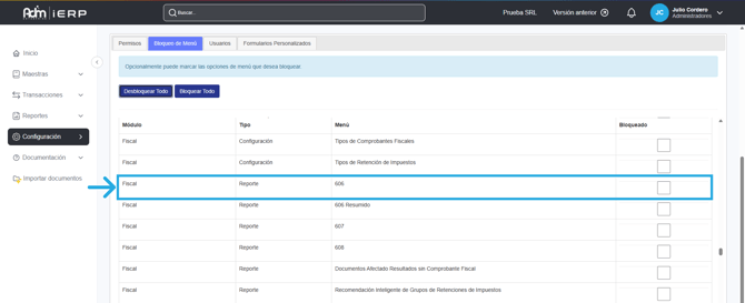 Permisos requeridos para generar el formato 606 en Adm Cloud.