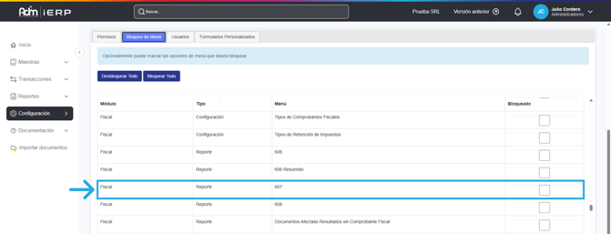 Permisos requeridos para generar el reporte 607 en Adm Cloud.