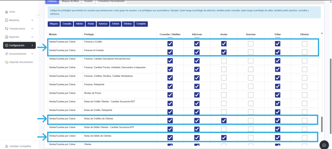 Permisos requeridos para editar documentos de venta en Adm Cloud.